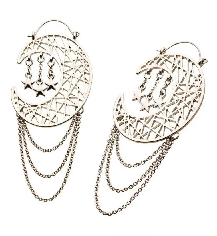 20G Crescent Moon & Stars Chained Plug Hoops