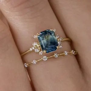 Emerald Cut Teal Sapphire Ring Set 14K Gold Plated Stackable Promise Rings For Women