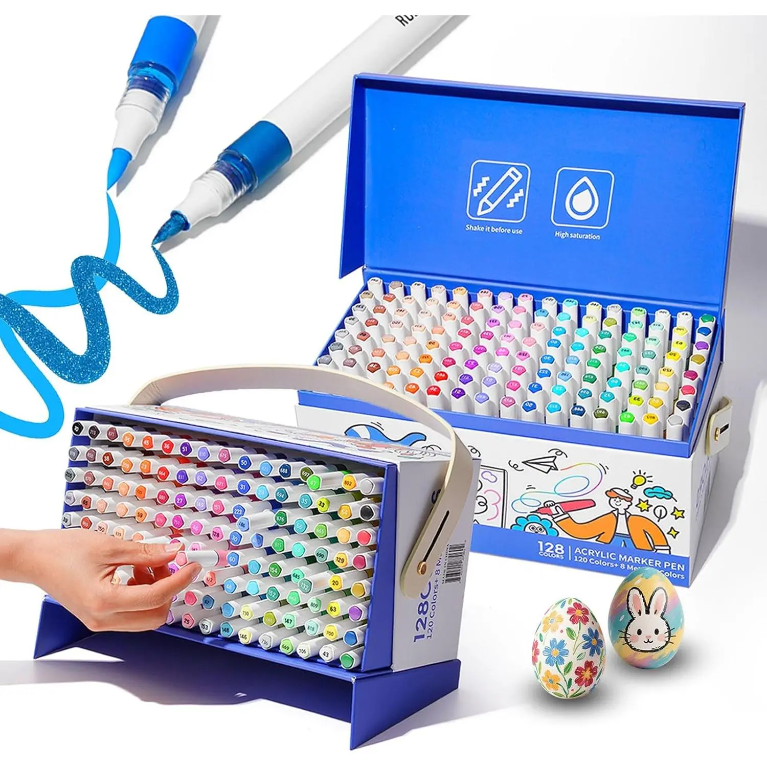 ROSYMENG Acrylic Paint Markers, 120 Colors + 8 Metal Colors - Large Ink Capacity, High Coverage with Brush Tip Acrylic Paint Pens, Suitable for Wood, Glass, Rock, and Fabric - Student School Supplies