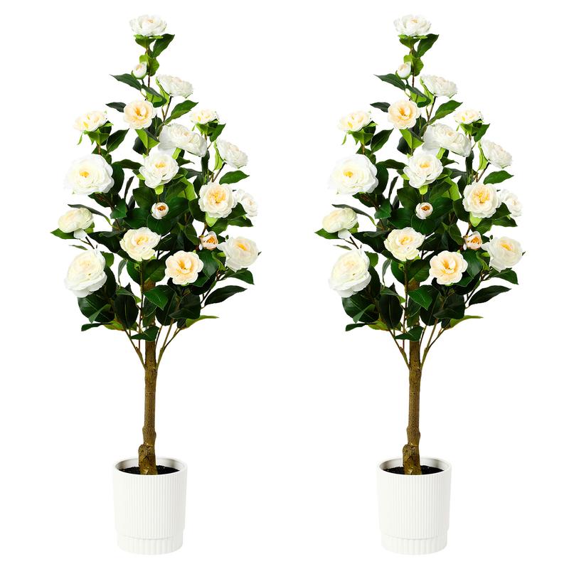 SHareconn 2-Pack 3/4FT Artificial Camellia Trees with Blooming Flowers, Lifelike Faux Plants for Indoor Outdoor Home Porch Decor, No Maintenance Needed