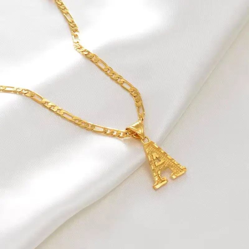 A-Z Letter Figaro Gold Color Necklace with Bold Chain Design for Men and Women