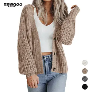 Zeagoo Women's 2025 Fall Chunky Knit Cardigans Open Front Long Sleeve V Neck Button Loose Cardigan Sweaters