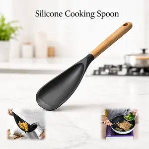 Matte Silicone Spatula Spoon Set with Wooden Handle, for Household Non-stick Pots and Pans, Durable Cookware Accessory, Anti-scratch Heat-resistant Food Prep Spoon