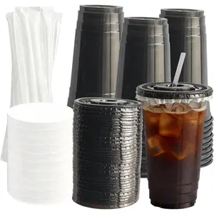 100 Set 24oz Cups with Lids and, Disposable Iced Coffee Cup with Lid Liners, Black To-Go Cups for Cold Drinks, Juice, Slushie, Smoothie, Christmas, Soda - & Shop Supplies