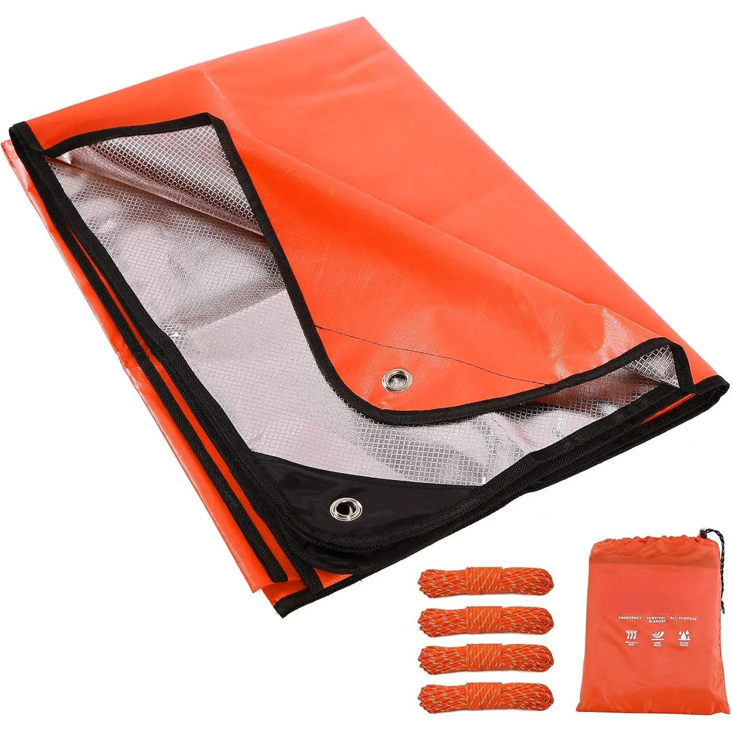 All-Weather Survival Tarp, Heavy Duty Waterproof & Heat Reflective Thermal Blanket for Emergency Camping & Hiking, Orange, Waterproof Tarps, Survival Blanket