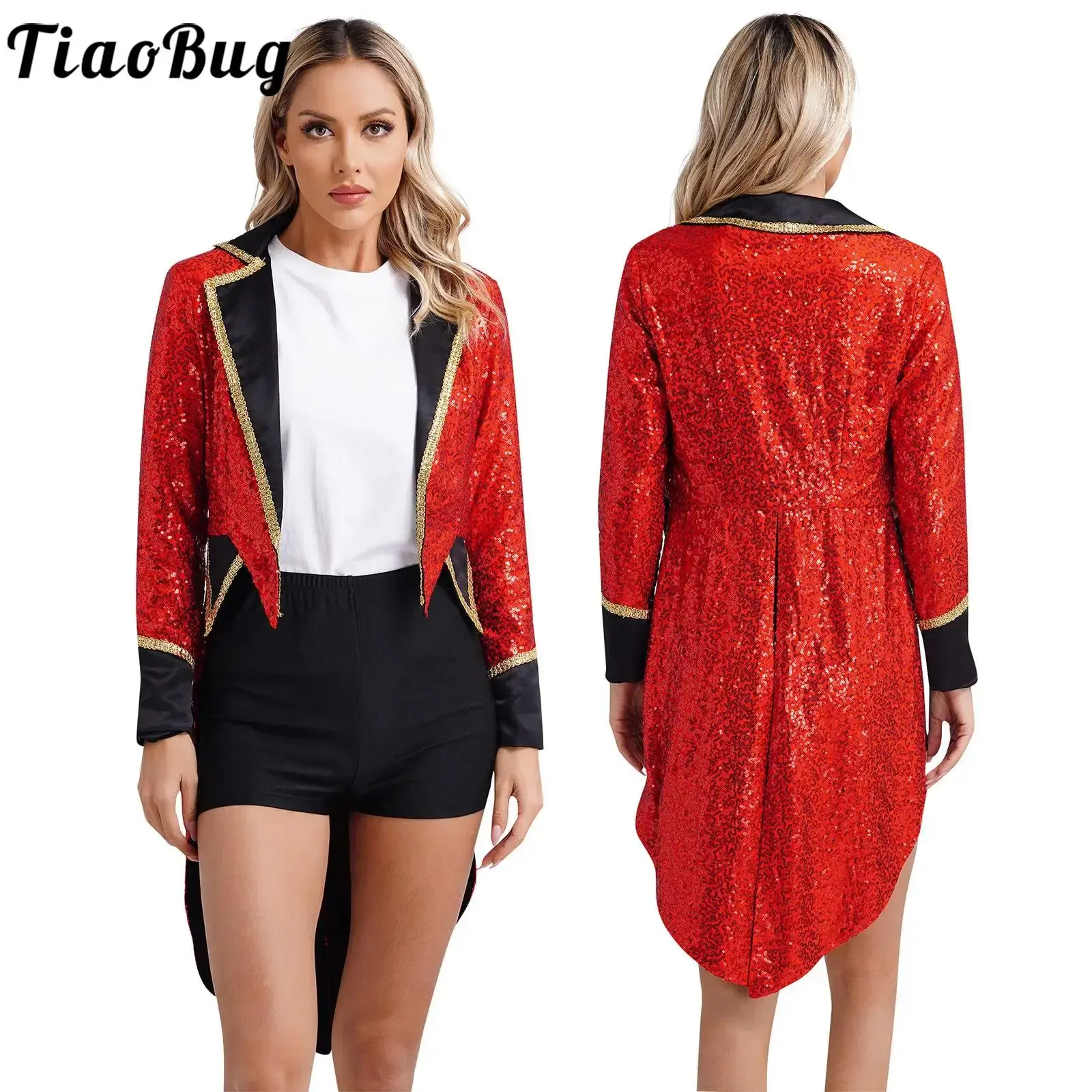 Womens Sequin Circus Ringmaster Coat Tuxedo Jacket Costume Halloween Carnival Magician Tailcoat Showman Blazer Coat Rave Outfits