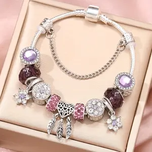 1pc 7.48-Inch Elegant Women's Bracelet with Heart Leaf Charm, Rhinestone Flower & Purple/Pink Beads - Adjustable Snake Chain & Charm Links (-like,) - Pink/Purple/Golden/Grey Beads - Gift for Mom, Daughter, Girlfriend (Birthday