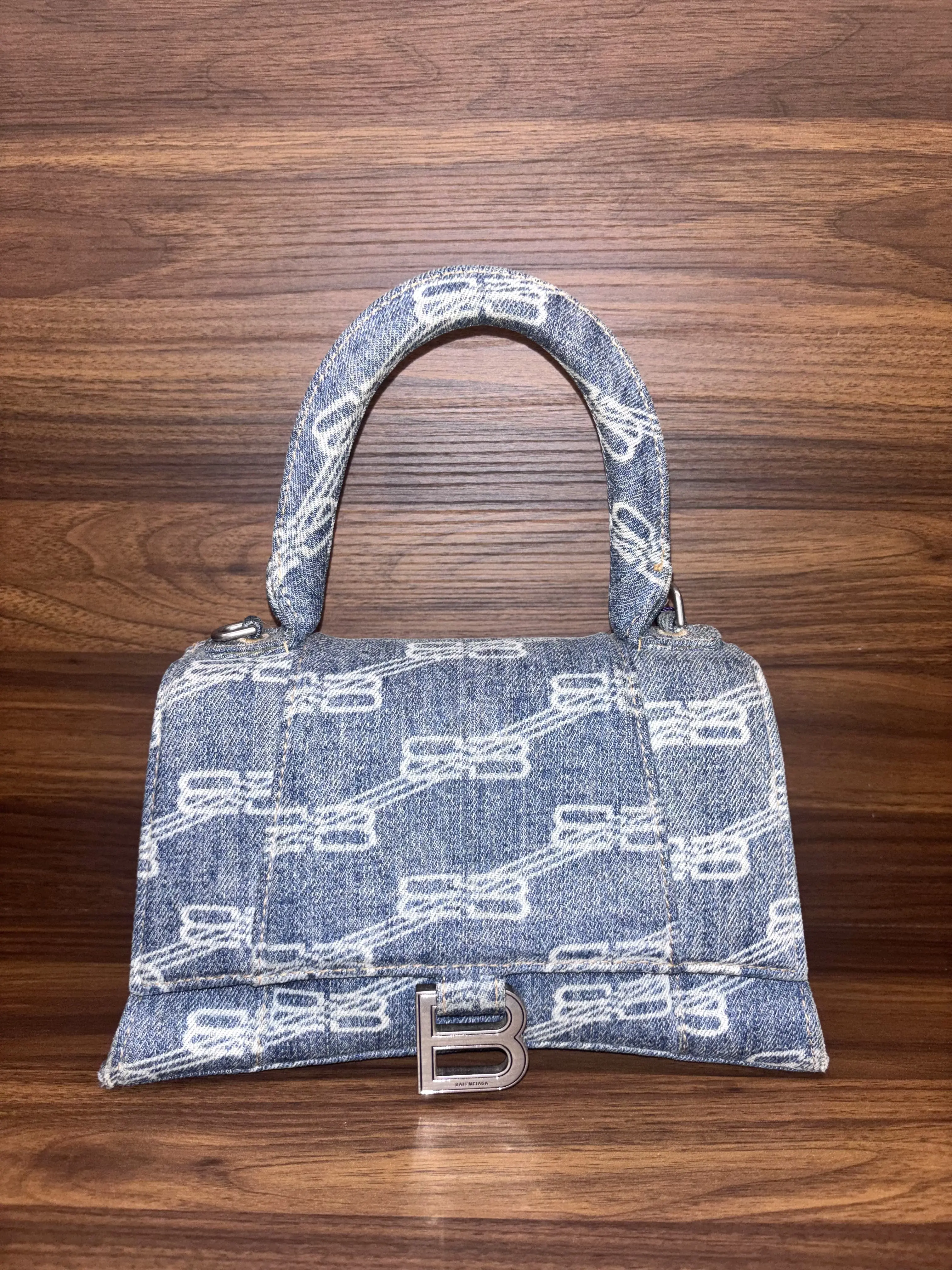 Pre-owned Balenciaga canves Shoulder Bags Denim BB Monogram Small Hourglass Top Handle Bag Blue molly 25060028 01