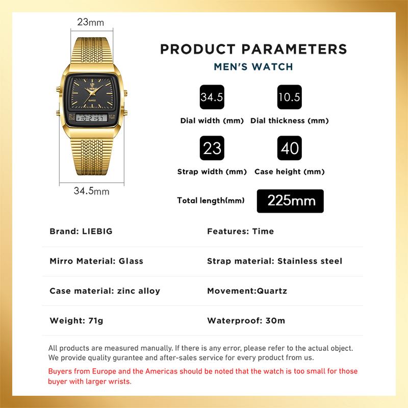 LIEBIG watches for men 34.5mm x 40mm x 10.5mm case 3ATM waterproof and scratch resistant mirror dual time zone fashionable gold watch multifunctional timing alarm clock digital sports watch couple's New Year gift