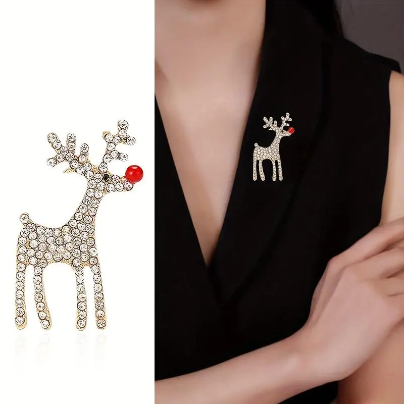 Shiny Crystal Reindeer Brooch, an Elegant Fashion Pin for a Christmas Party, Sweaters, Coats, and Scarves, Reindeer Shape, Party Wear, Shine, Crystal Stones, Unisex, Sparkling Dots, Animals, 1Pc