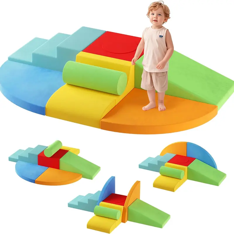 Toddlers' 8-Piece Modular High-Density Foam Climbing Blocks - Phthalate-Free Velvet Fabric Play Equipment, Non-Slip Bottom, Home & Indoor Playground Gear, Crawling Toy for Children Development & Motor Skills Boost