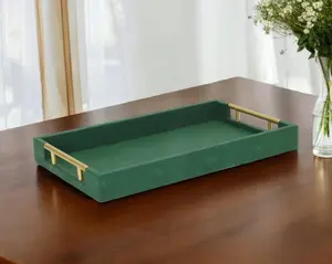 360 Stand Handmade 16 in. Rectangular Green Wooden Faux Shagreen Serving Tray with Stylish Metal Handles