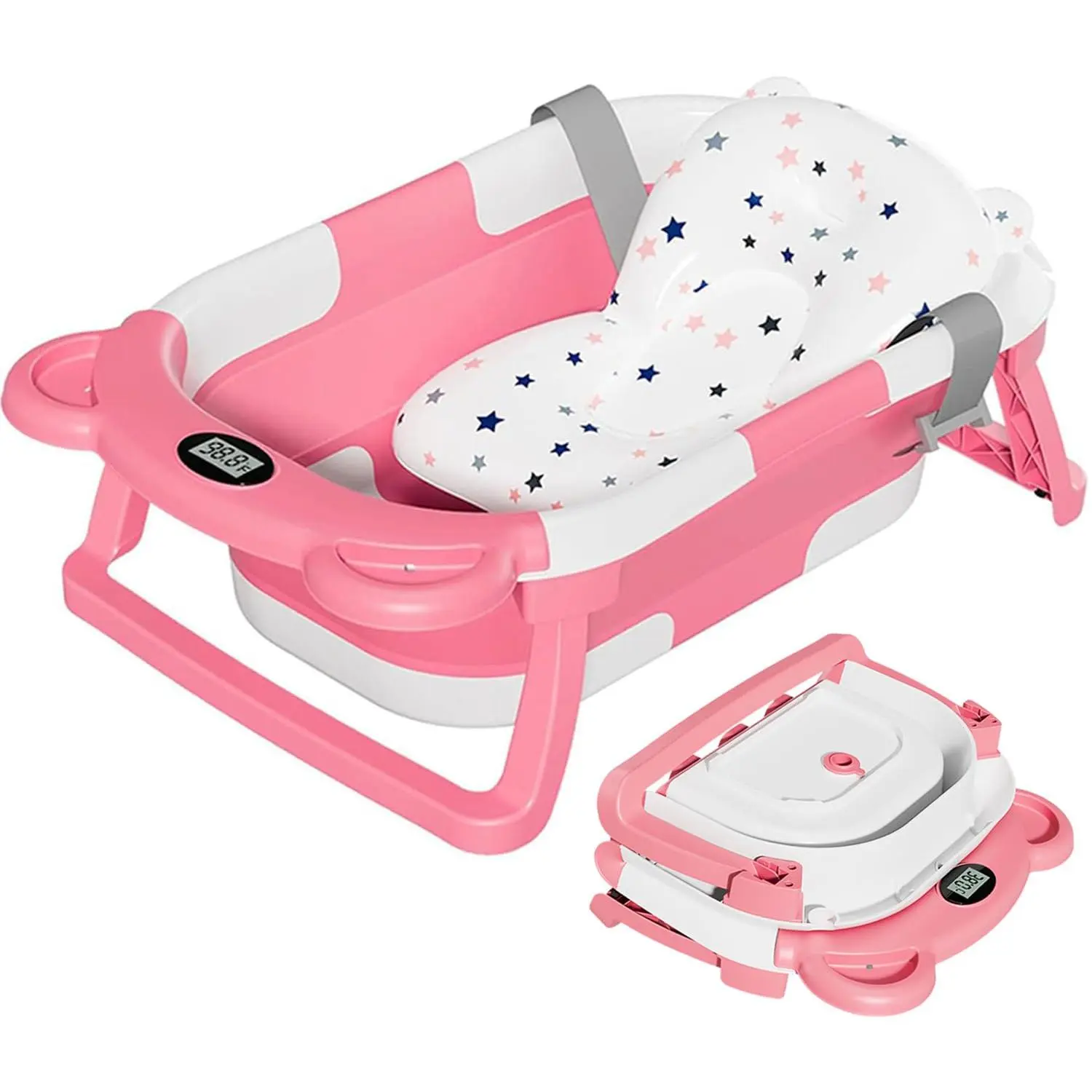 Collapsible Baby Bathtub for 0-36 Months Infants, Portable Camping Travel Tub with Soft Cushion, Real-Time Thermometer and Swing Seat
