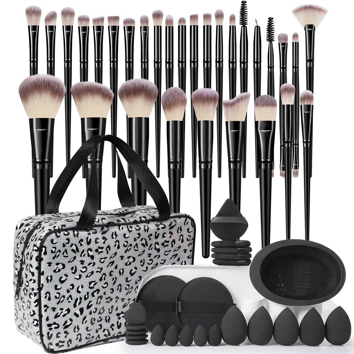 Black + Leopard Print Top-Handle Makeup Bag