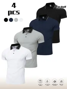 Set of 4 new summer men’s short-sleeve shirts, available in multiple colors, classic solid-color design, versatile and stylish; men’s golf shirt, polo shirt with polo collar; premium summer short-sleeve tops; sports casual shirt for weekend outings and bu