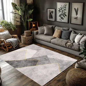 Grey Gold Line Geometric Abstract Crystal Velvet Area Rug Non‑Slip Minimalist Modern Living Room Rug#GreyGoldLineGeometricRug #AbstractMinimalistRug #ModernLuxuryDecor #GoldLineCarpet #CrystalVelvetRug