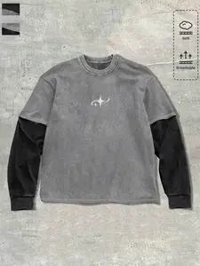 Men's Faux Two-Piece Long Sleeve T-Shirt, Cotton Material, Casual Cotton Tee, Minimalist Space Logo Layered Top, Soft Breathable Fabric, Casual Streetwear, Casual Everyday Wear