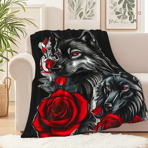 Artistic Wolves and Roses Flannel Throw Blanket, Cozy Home Decor, Rose Bouquet Blanket, Unique Design for Living Room, Perfect for Camping and Travel, Soft Warm Blanket for Office Naps, A Must-Have Decorative Blanket!