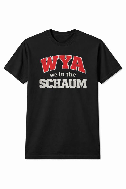 CadillacJerry 2nd Collection Wya The Schaum Menswear Top Black T-Shirt with Bold Red and White Lettering