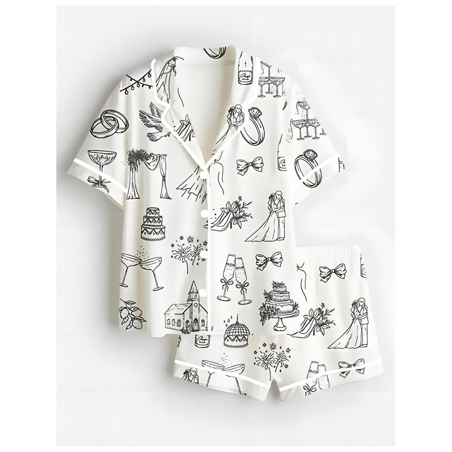 Wedding Sketch Print Short-Sleeve Lounge Set, Bridal-Themed Pajama Set