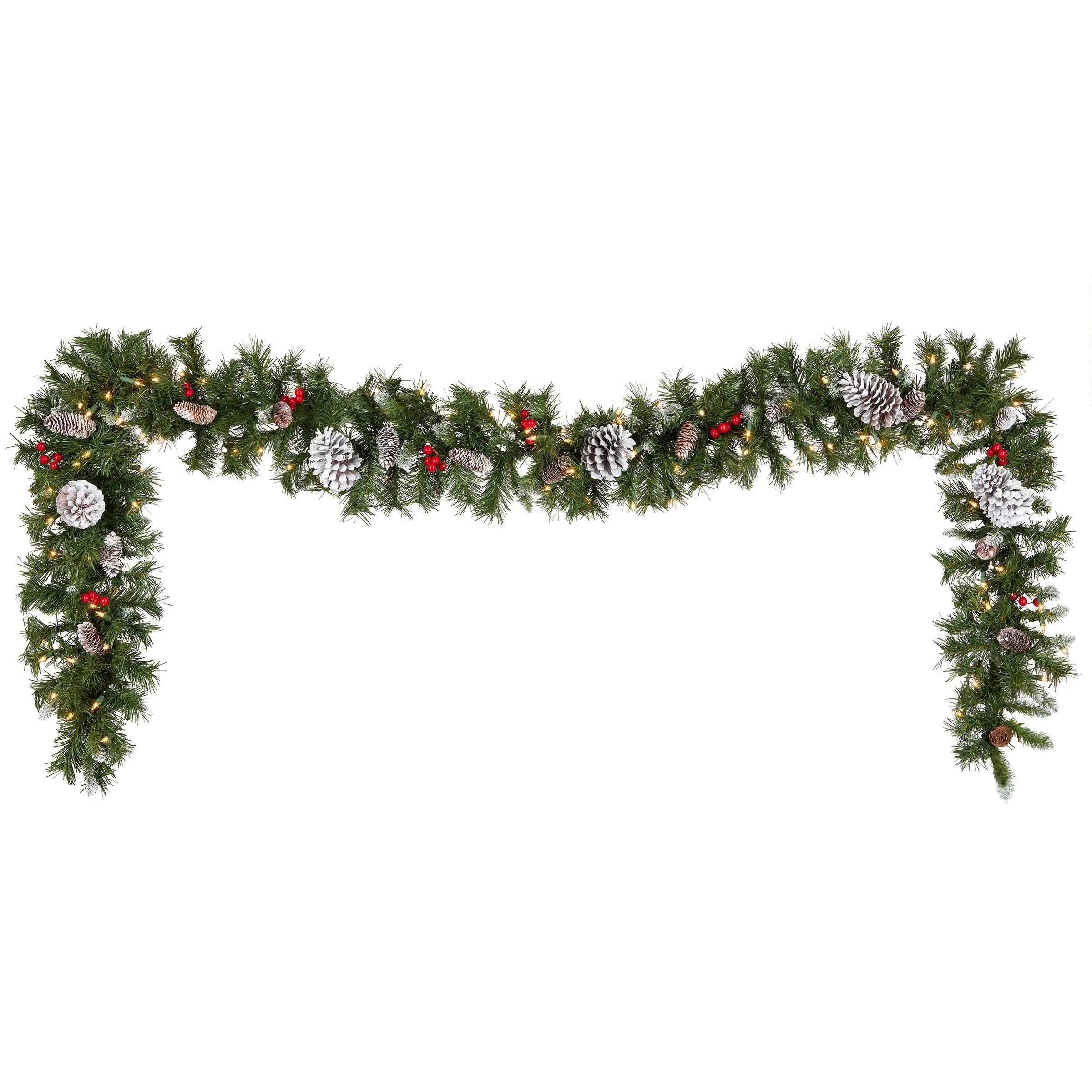 9 ft. Pre-Lit Frosted Berry Garland with Pine Cones, Red Berries and Clear Lights, Plug-In