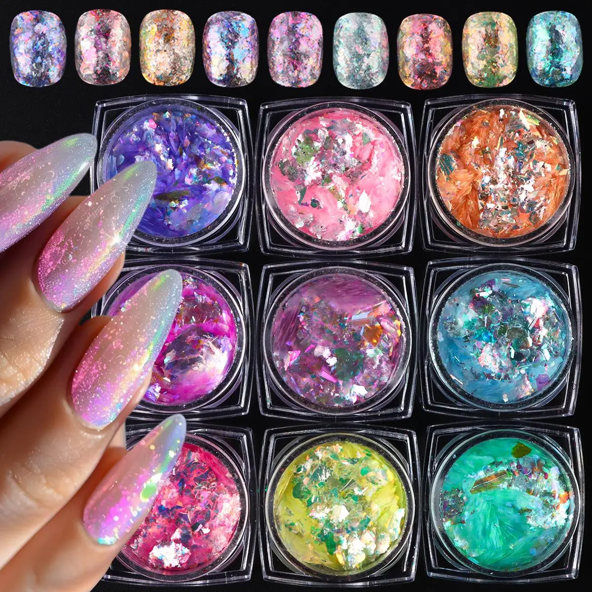 9 Pcs Iridescent Opal Flakes Nail Glitter Set, Holographic Chunky Flakes Aurora Chrome Nail Powder for DIY Manicure, Nail Art Decoration