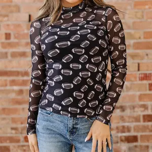 Women's Game Day Football Print Mesh Top Slim Fit See-Through Mock Neck Long Sleeve Sheer Graphic Blouse Casual Western Top