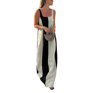 CHARTOU Women Summer Sleeveless Linen Dress Contrast Color Maxi Long Beach Vacation Tank Dress