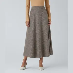 Halara High Waisted Pocket Houndstooth Plaid Flare Midi Casual Skirt