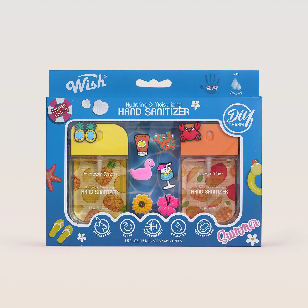 Summer Limited Edition! Pineapple & Mango Hydrating Hand Sanitizer Spray Gift Set with Cute DIY Charms | Wish Care Portable Travel Size Pocket Essentials | Plane-Friendly Vacation Must-Have