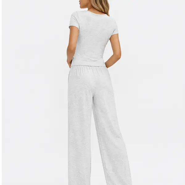 Women's 2 Piece Lounge Set, Henley Crop Top & Wide Leg Pants with Pockets, Casual Matching Outfit for Travel, Vacation & Everyday Wear