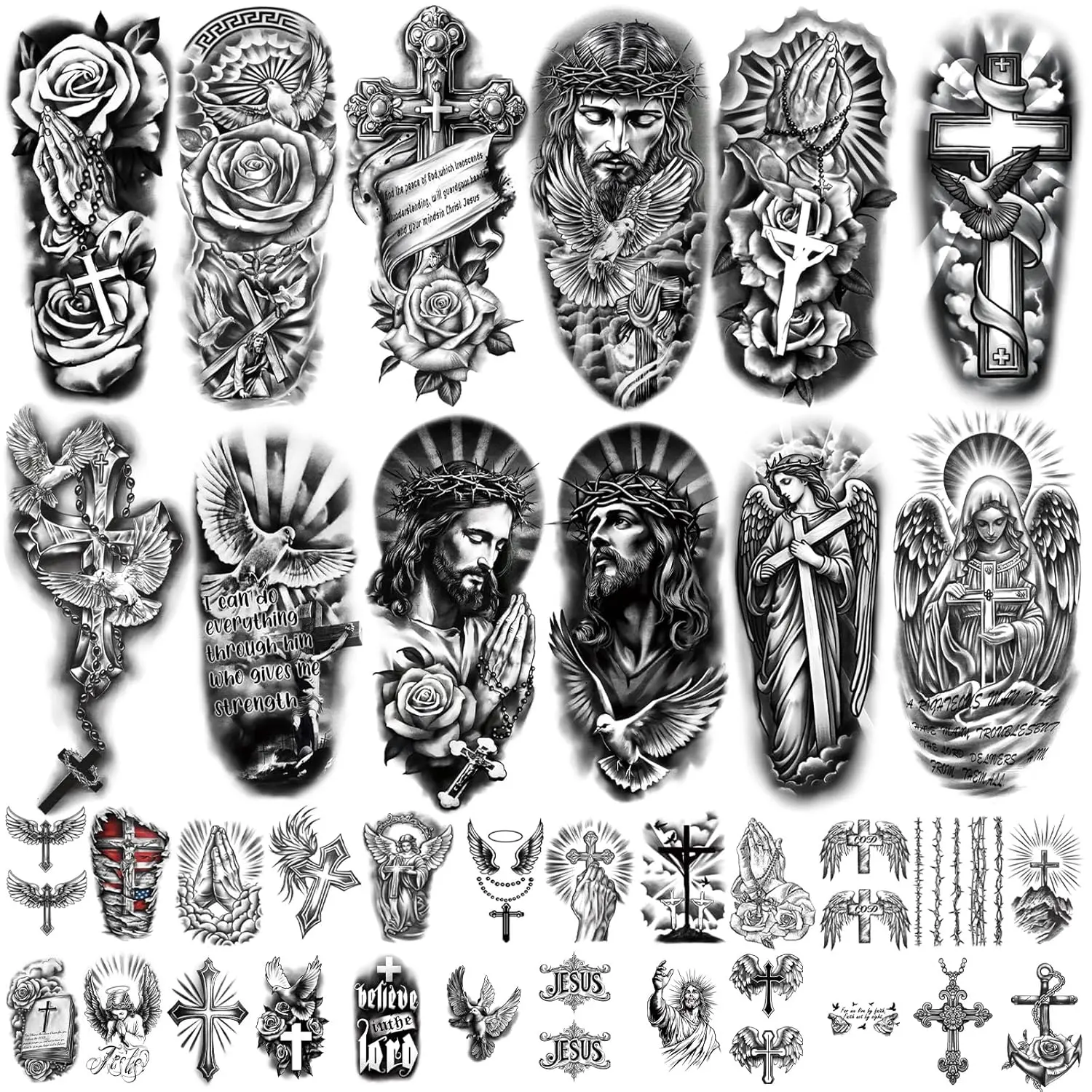 77 Sheets Christian Cross Temporary Tattoo for Women Men, 17 Sheets Half Arm Large Religious Jesus God Fake Tattoos, 60 Angels Black Christ Tiny for Adult Kids Body Tattoos Stickers Realistic