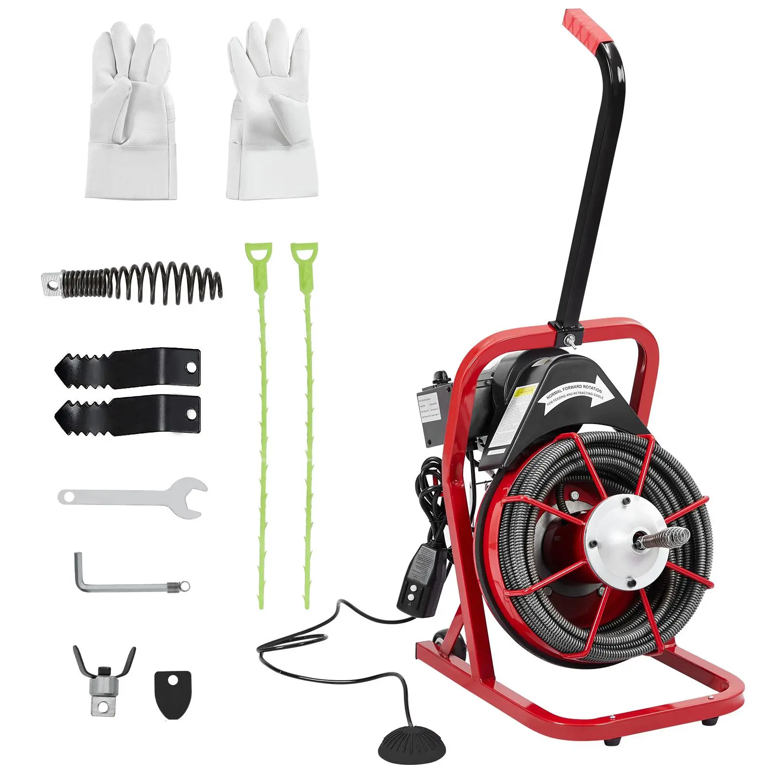[Football Fan SeasonDeal] Heavy-Duty Electric Drain Cleaning Machine – 75FT x 3/8" Auto-Feed Sewer Snake, 250W, 4 Interchangeable Cutters, Air-Activated Foot Switch, Portable Auger for 1"-4" Pipes, Home & Commercial Use