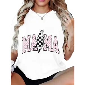 Women's T-Shirt Mama Checkered Flag Pink Lettering 100% Cotton Short Sleeve Crew Neck Casual Tee Mother's Day Gift