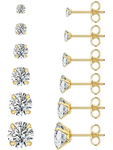 6 Pairs Stud Earrings Set, Hypoallergenic Cubic Zirconia 316L Earrings, Stainless Steel Cz Earrings, 3-8mm, Women Jewelry, Ear Studs