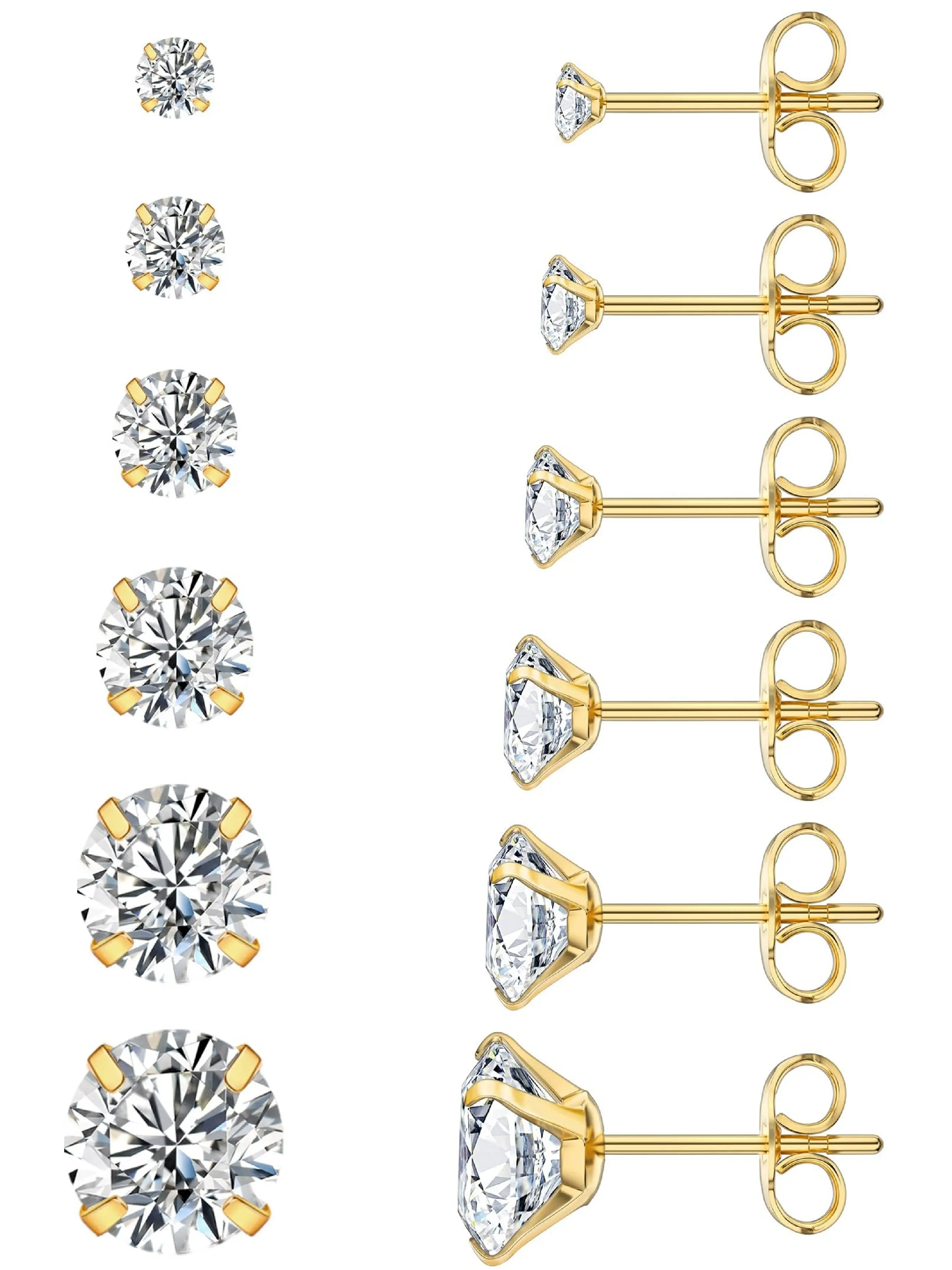 6 Pairs Stud Earrings Set, Hypoallergenic Cubic Zirconia 316L Earrings, Stainless Steel Cz Earrings, 3-8mm, Sparkling Ear Jewelry, Women Jewelry, Ear Studs