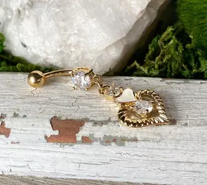 14kt Gold Plated Gemmed Heart Belly Ring Navel Naval Pierced Body Jewelry Dangle
