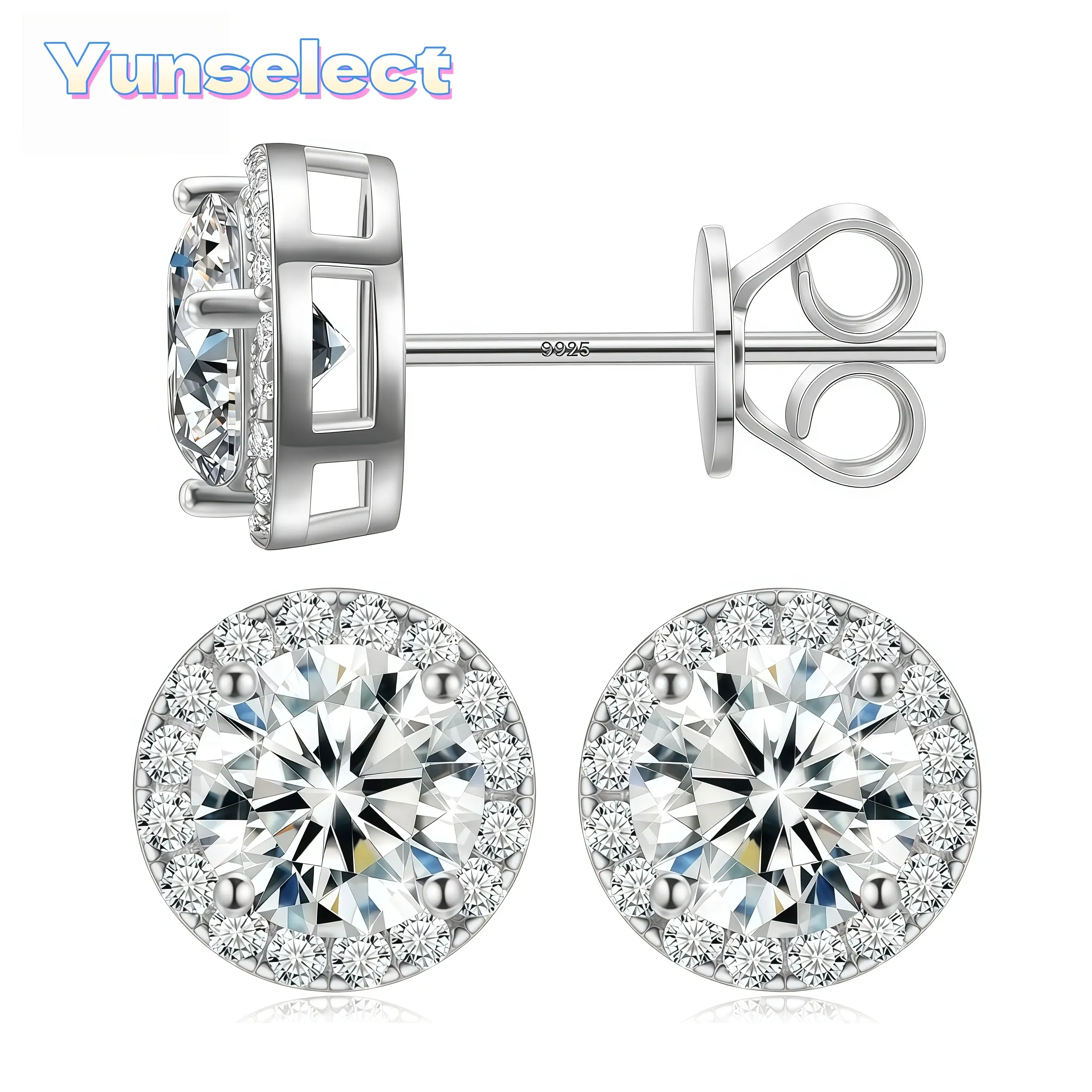 【Yunselect】18k Gold-Plated Halo Stud Earrings Lab-Created Moissanite Earring S925 Sterling Silver Moissanite Jewelry Perfect Birthday Mother’s Day Christmas Gift for Men Women Wedding Set