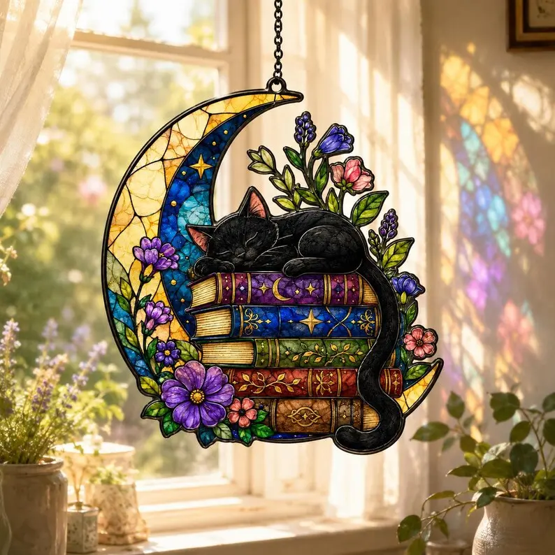 Acrylic Suncatcher Black Cat, Crescent Moon Window Hanging, Witchy Book Lover Decor, Floral Cat Gift, Celestial Cottagecore Ornament