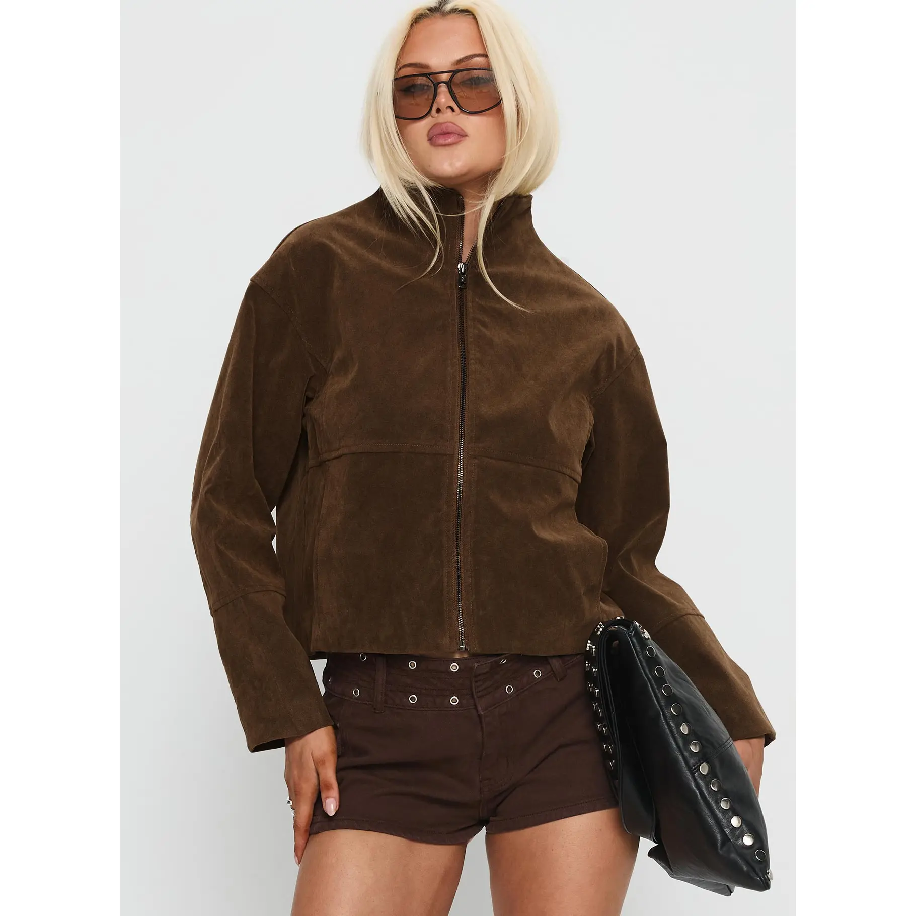 【dium.】Fake Suede Jacket Jessalynn Faux Suede Zip Through Jacket Brown - TikTok Shop