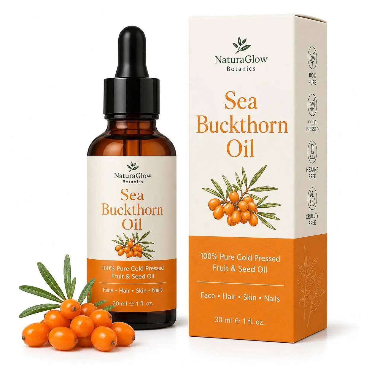 Sea Buckthorn Oil, 100% Pure Cold Pressed Fruit & Seed Oil for Face, Hair, Skin and Nails, Natural Lightweight Moisturizing Oil for Radiant Glow