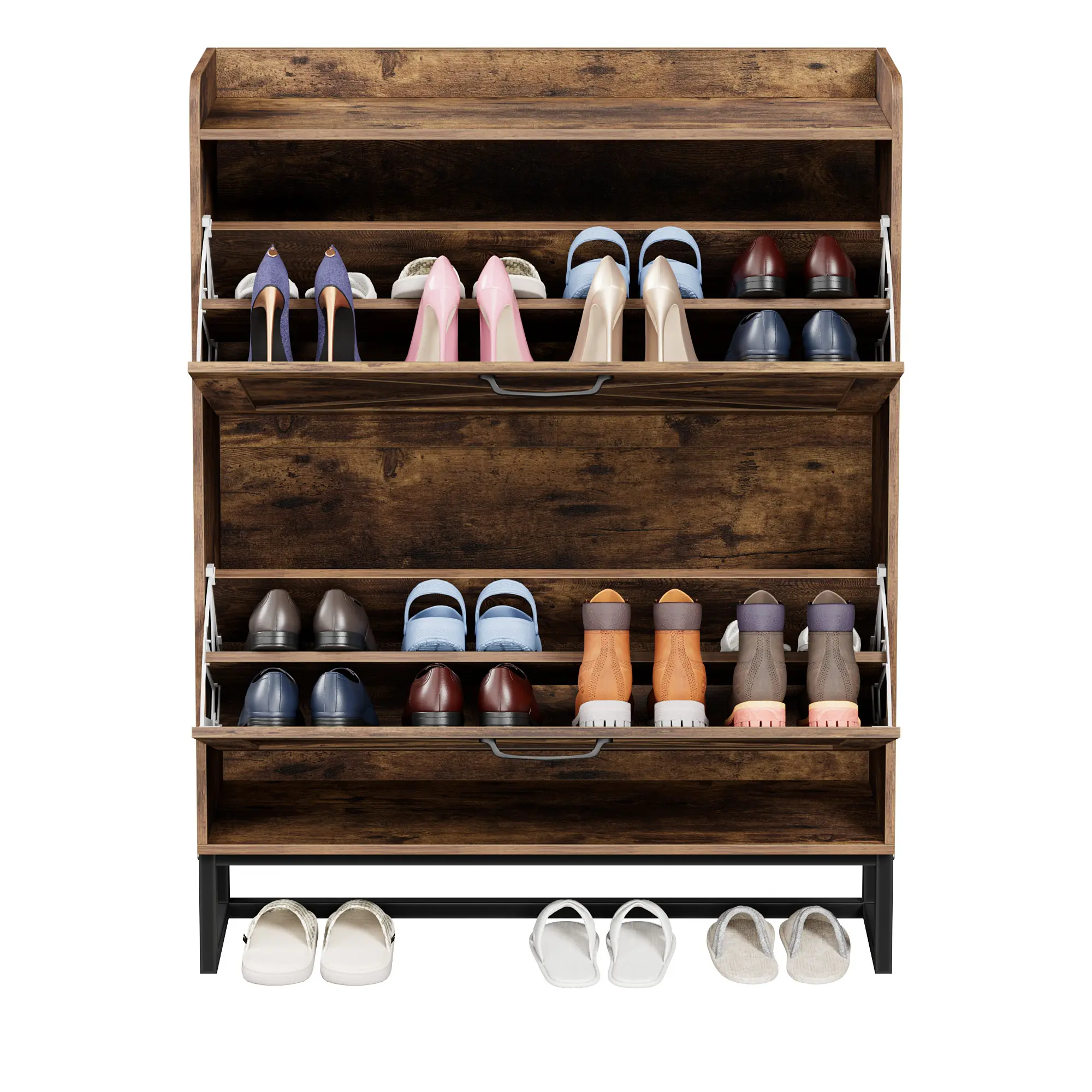 Segawe Narrow Rustic Brown MDF Wood Shoe Cabinet - Metal Legs, 2 Flip Drawers, Shelf, Racks, Smooth Adjustable Organiser for Shoe Display & Storage Needs