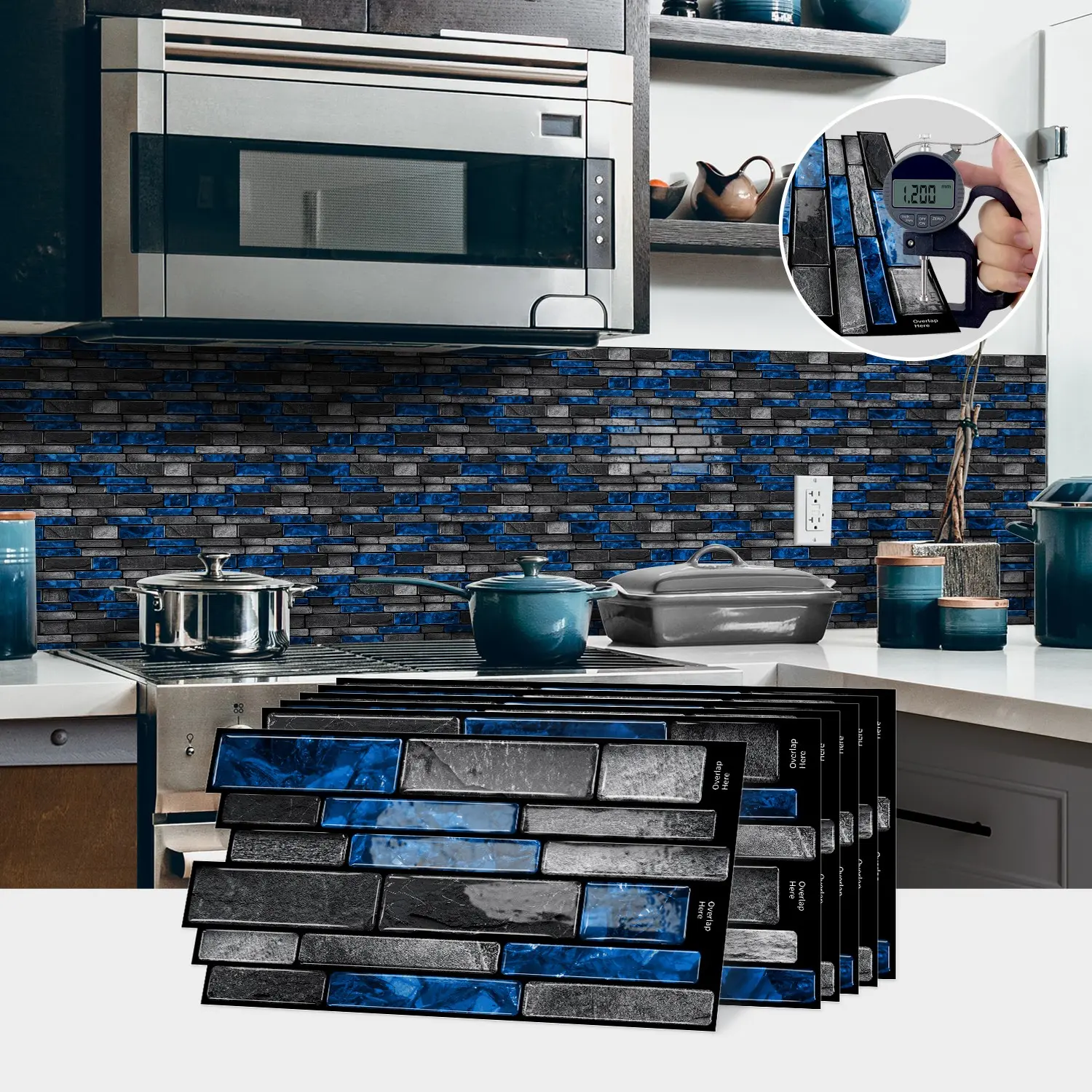 10/20/30PCS D-HTP Epoxy 3D Blue-Grey Contrast Brick Pattern Tile Stickers, Self-Adhesive Waterproof Oil-Proof Removable DIY Wall Decor for Kitchen Bathroom Bedroom Office Furniture