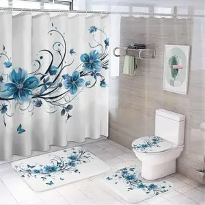 Blue floral pattern design, 4-piece shower curtain set, modern bathroom decoration, with carpet (bath mat, U-shaped, toilet lid) and 12 durable hooks, non slip floor mat, waterproof forest shower curtain, polyester fiber
