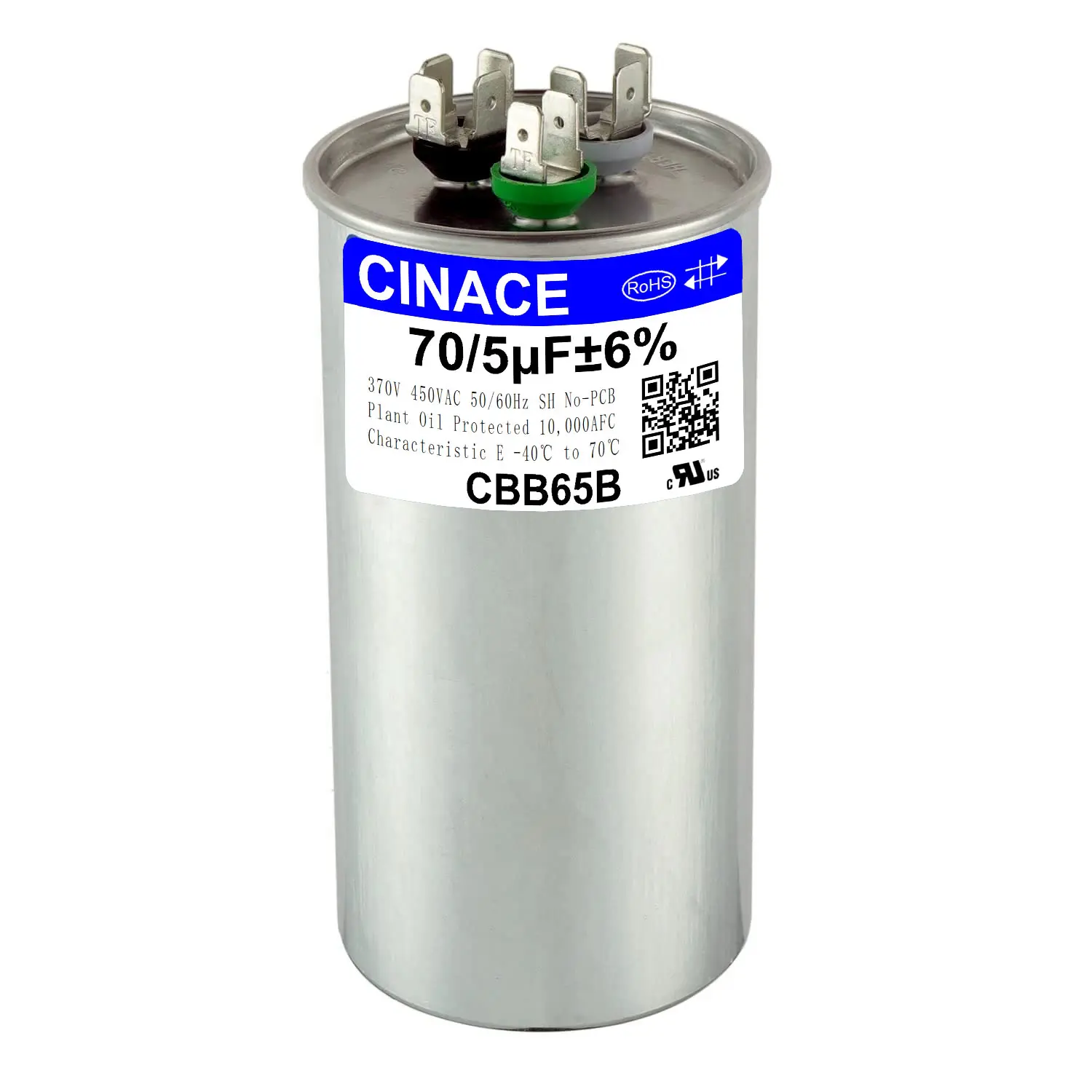 CINACE 70+5uF 70/5MFD ±6% CBB65B Dual-Run Circular & Start Capacitor for Air Conditioner AC Motor Fan Heat Pump 370/450VAC 50/60Hz 100*50mm