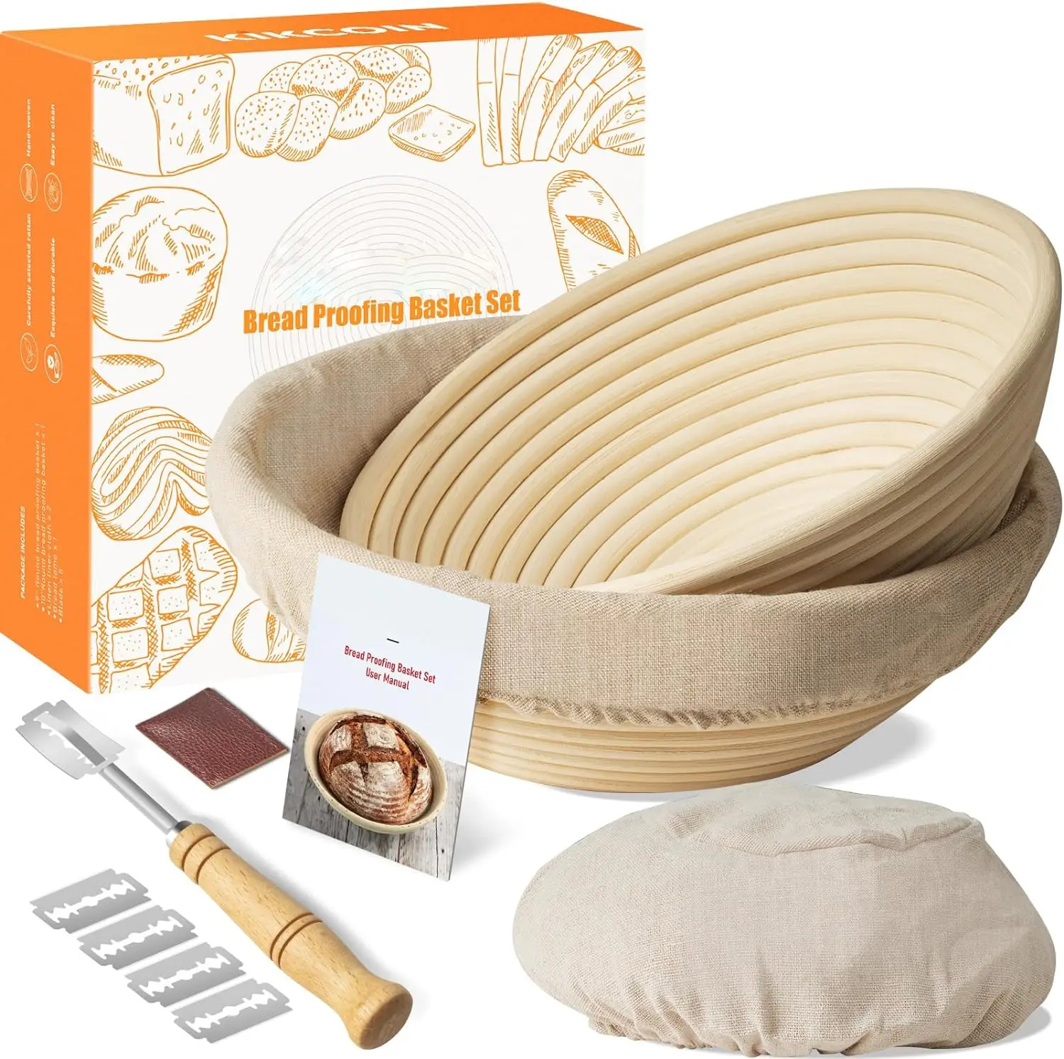 Bread Proofing Basket, Banneton Bread Proofing Basket Set of 2, 9 Inch & 10 Inch Round Sourdough Proofing Basket with Linen Liner, Bread Lame - Organizer Smooth Dough Riser for Artisan Bread Baking | Bread Making Kit,Baking Essentials, Artisan Bread Tools