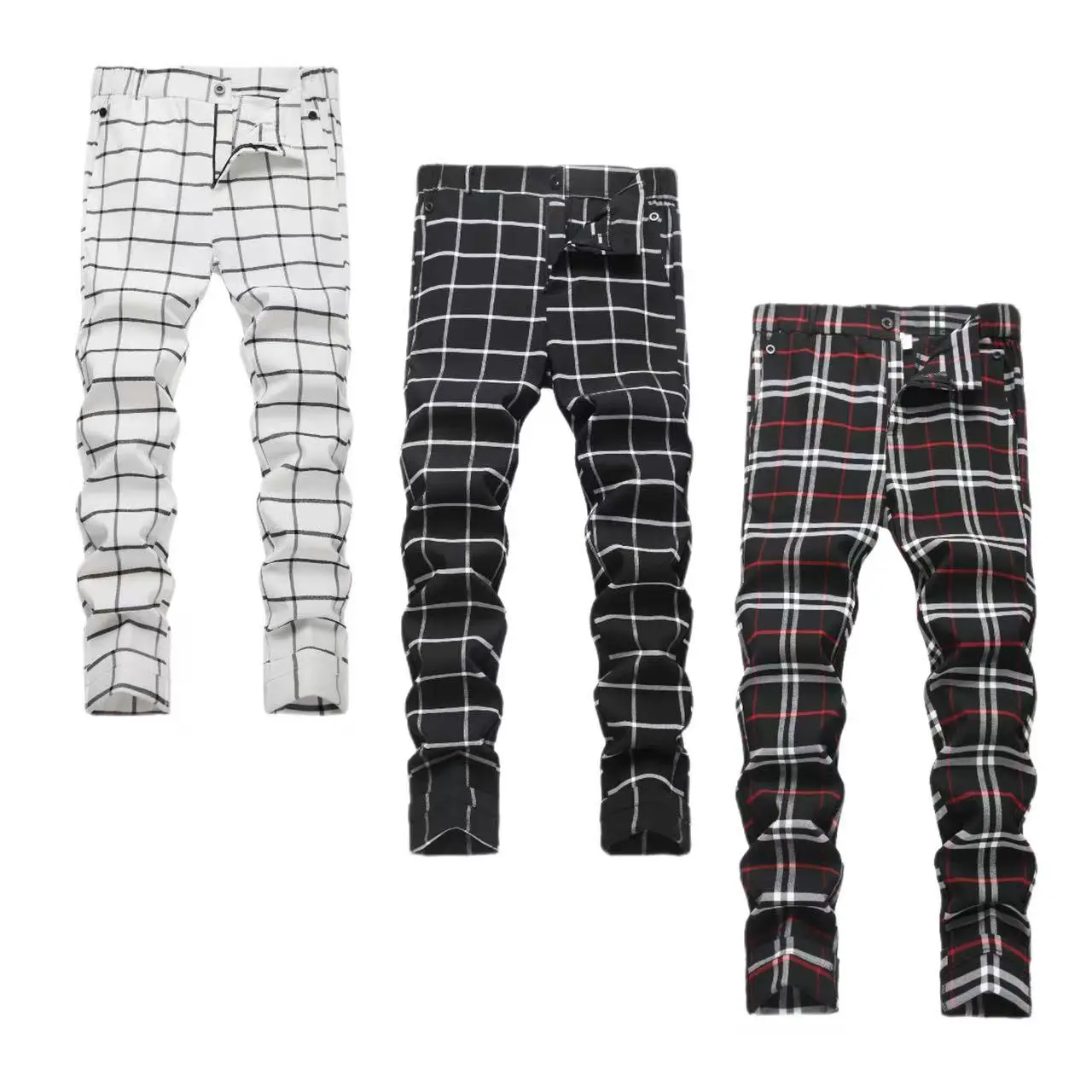 JUNBAOSS Men's 3-Pack Classic Checked Plaid Pants Set - Menswear Streetwear Slim-Fit Ruched Stacked Trousers, Soft Breathable Wrinkle-Resistant Durable Stretch Casual Pants for Daily Wear 2026 fashion