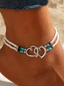 Fashionable vacation style double heart elastic ankle chain, Charming heart design, suitable for daily wear, vacation dates and other occasions, and also a surprising exquisite small gift.
