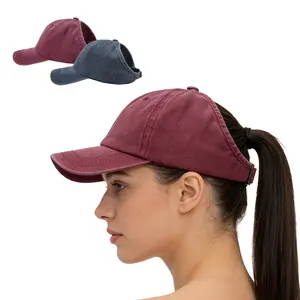 Vintage washed half-top baseball cap, can tie high ponytail, casual sports sunshade, breathable duckbill cap