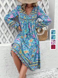 Long Sleeve Women's Casual Loose Dress with Tassel Print in Bohemian Style Chic Womenswear